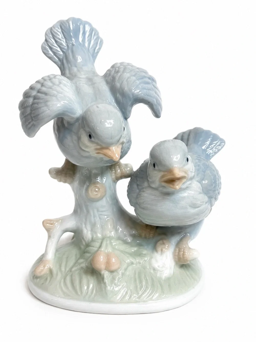 Vintage Bluebird Porcelain Figurine Two Birds on Tree Stump Unmarked